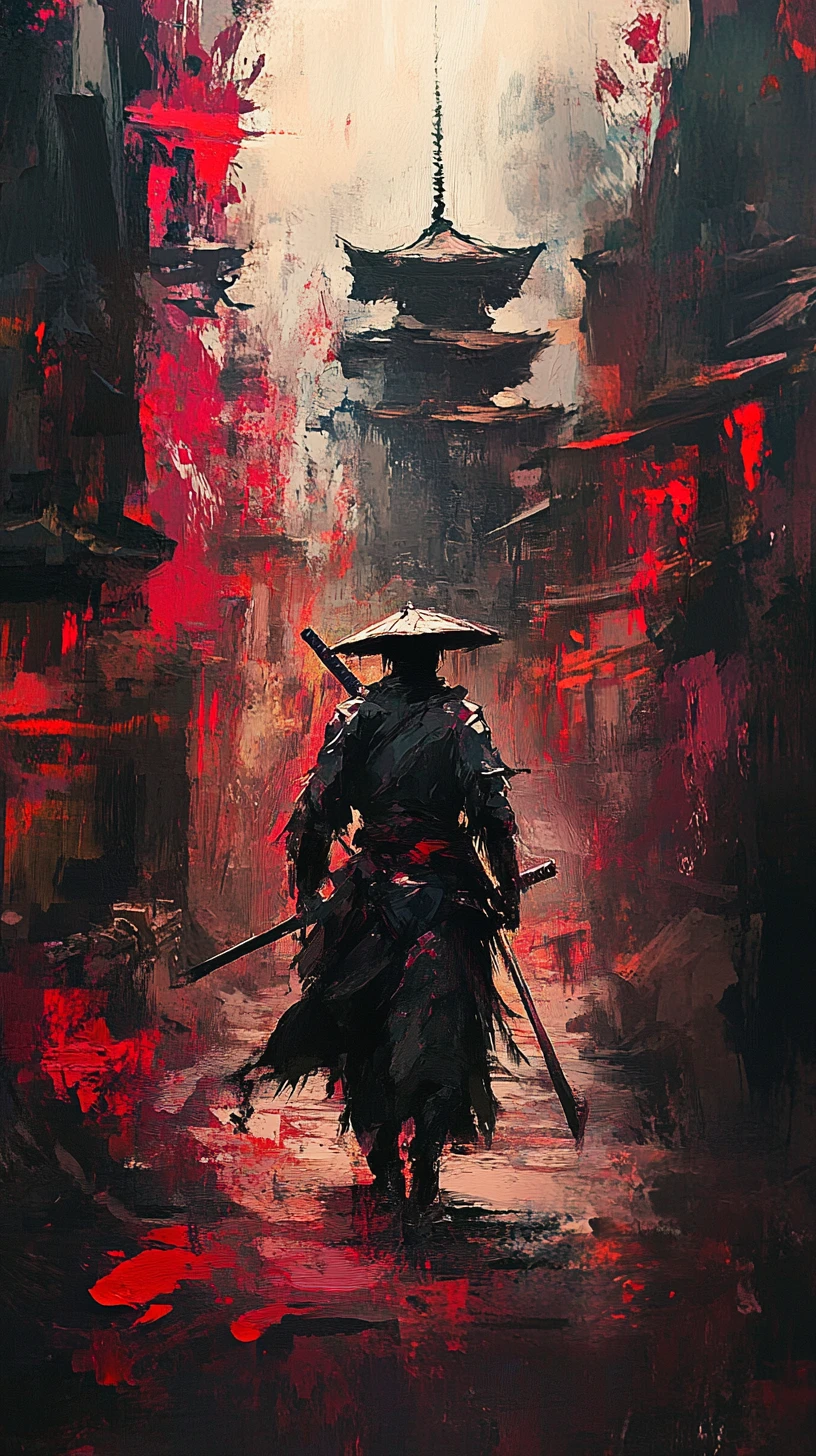 Dark fantasy ninja in ancient mystical ruin city