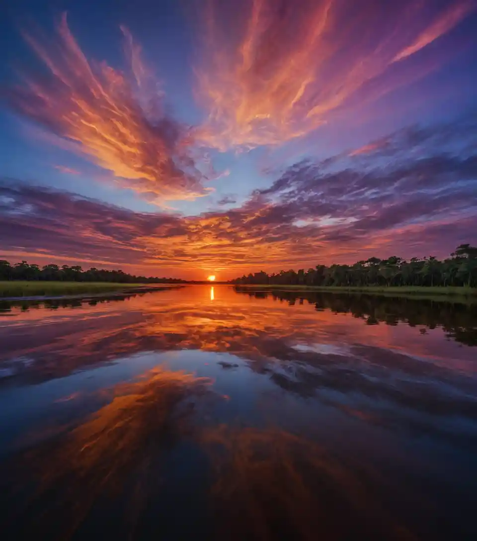 Serene sunset over the Orinoco River with mirror reflection