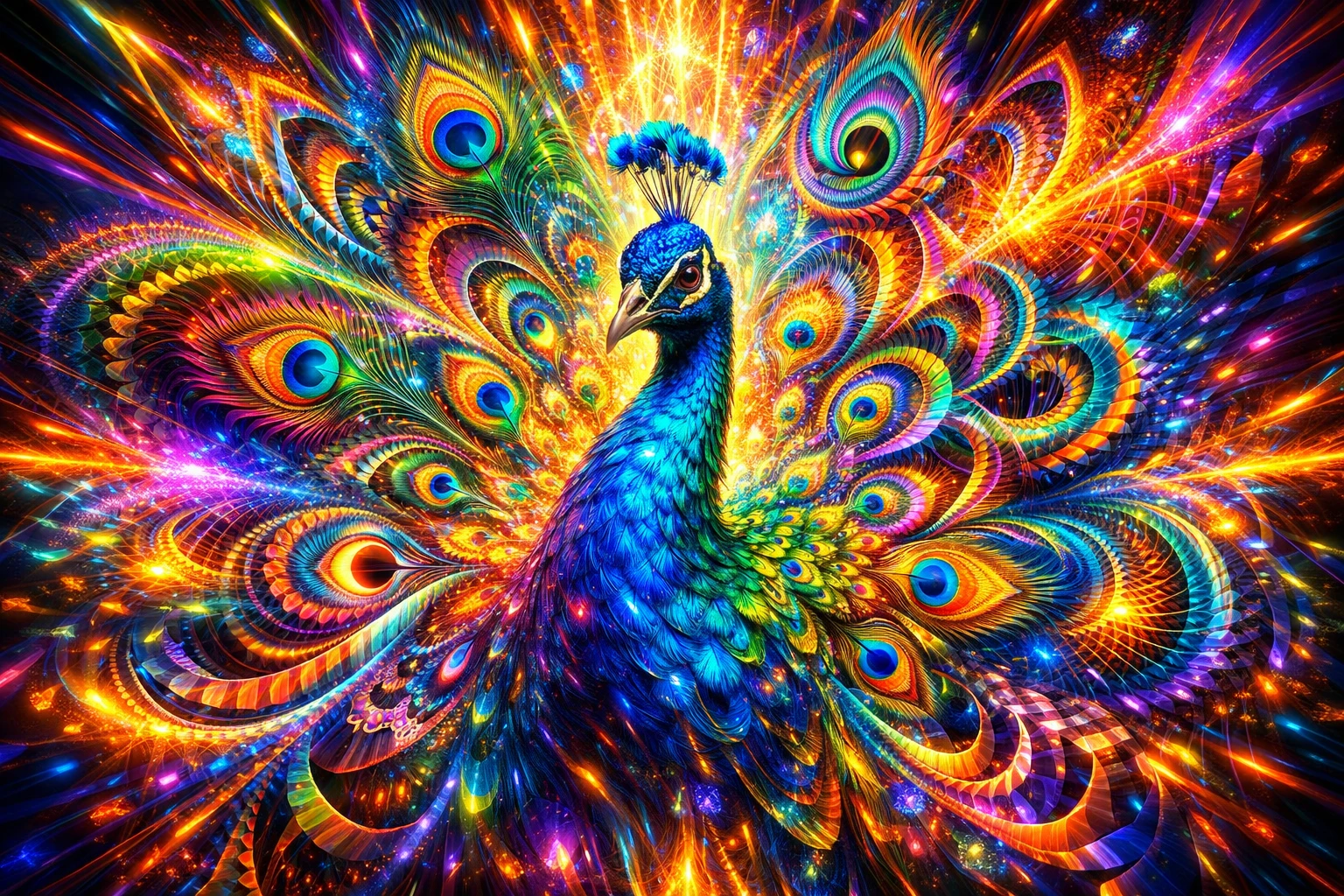 Retrato de Pavão Psicodélico em Penas Fractais de Arco‑Íris em Espiral