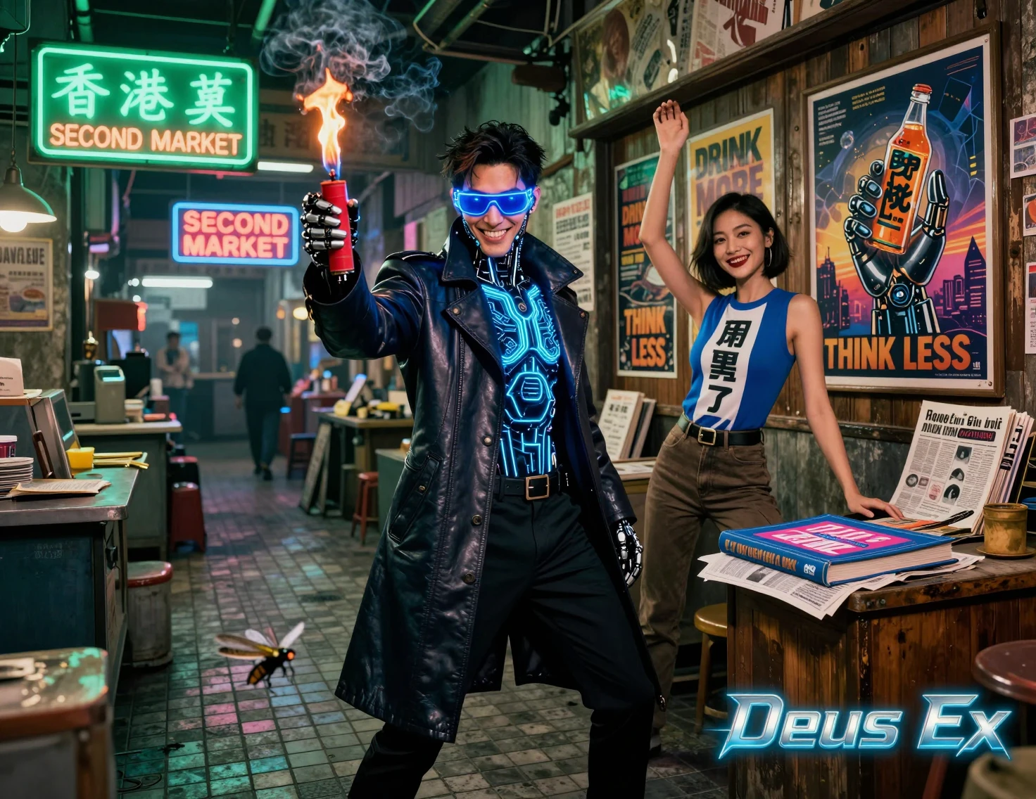 Detective bionico cyberpunk che posa con un petardo acceso