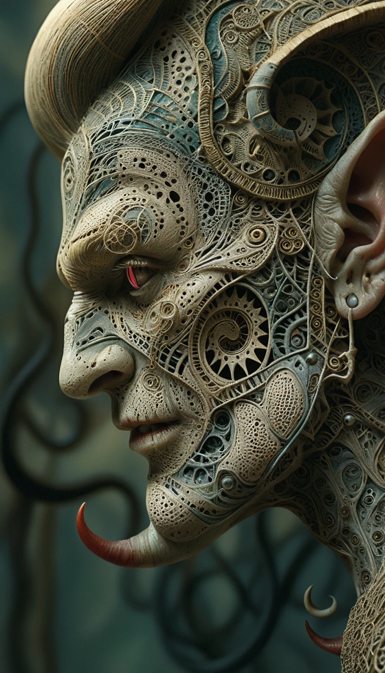 Retrato surreal biomecânico humanoide com detalhes faciais ornamentados
