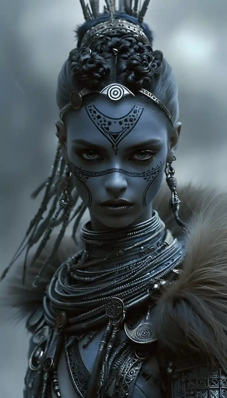 Tribal-futuristisches Frauenporträt mit obsidian-schwarzer Haut