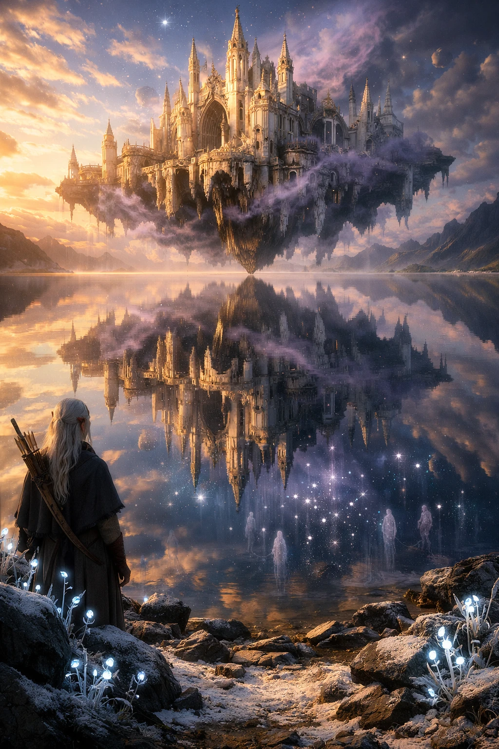 Elf Watching A Floating Cathedral Reflected In Mirror Lake