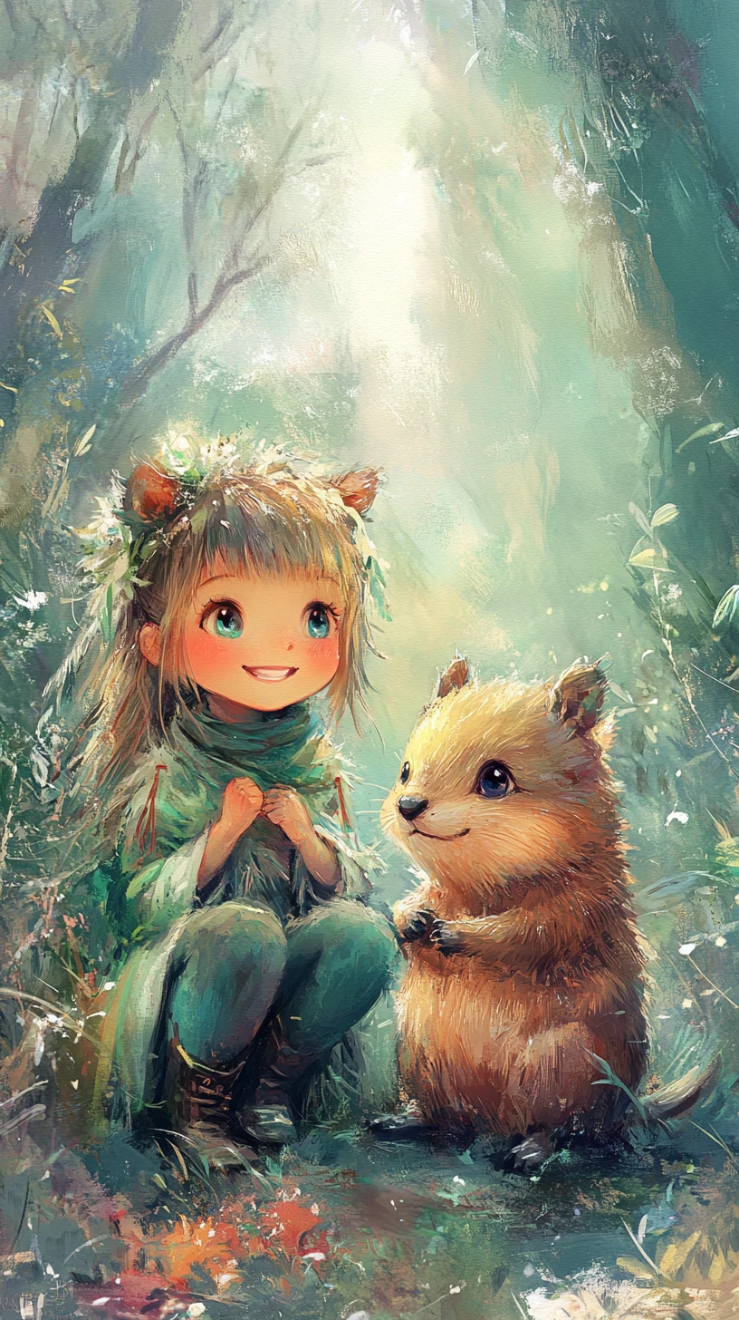 Ragazza e quokka in un tranquillo paesaggio fantasy dai toni pastello