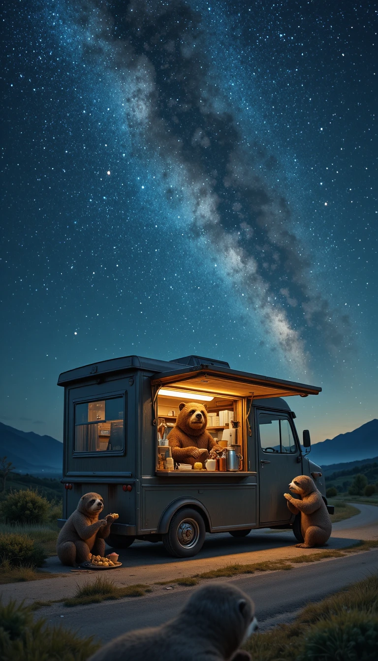 Camion de café avec ours barista sous un ciel étoilé scintillant