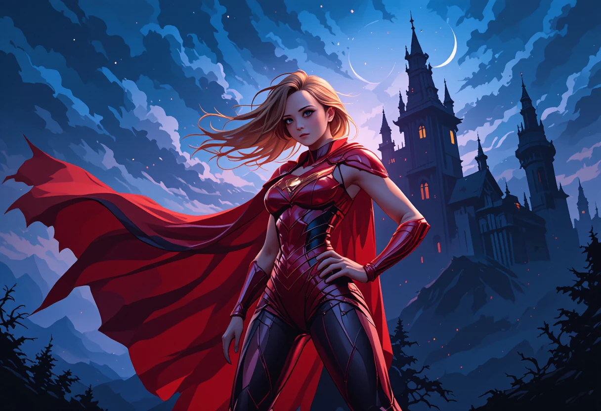 Heroína de capa vermelha diante de um castelo gótico ao crepúsculo