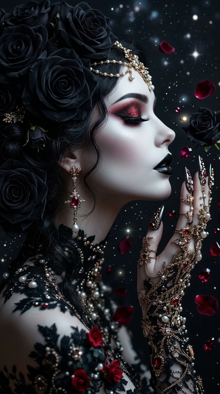 Dunkle himmlische Frau im Profil mit gotischem Blumenschmuck