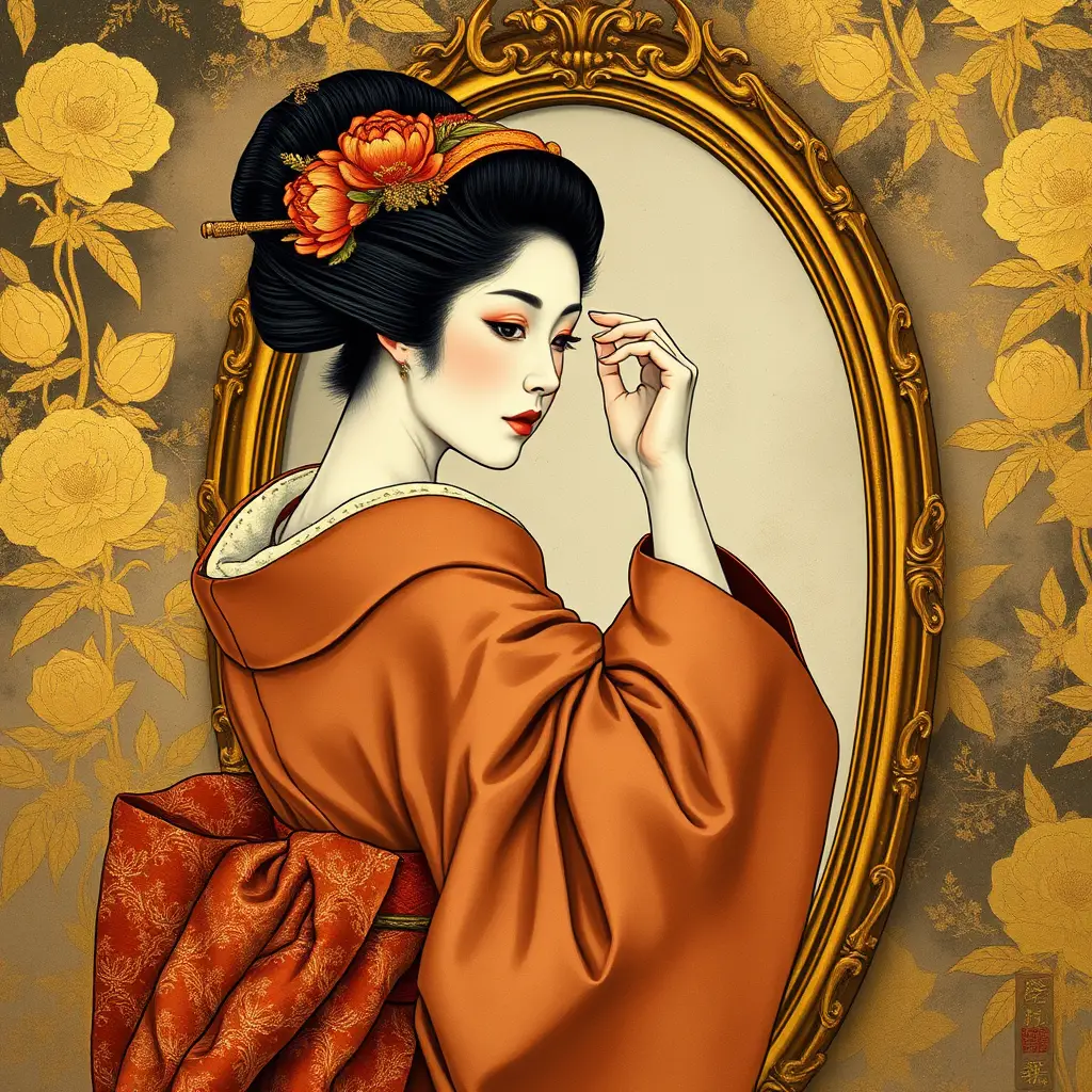 Geisha ajustant son épingle à cheveux devant un miroir au cadre doré