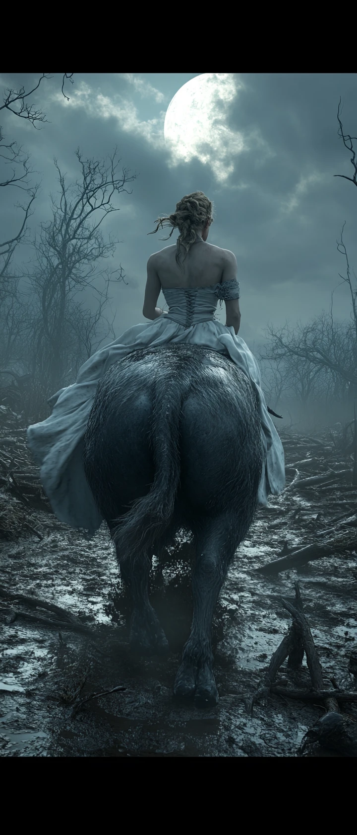 Smurf like warrior woman riding a boar through wasteland