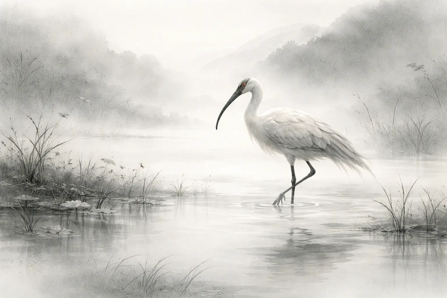 Anmutiger Ibis in einer ruhigen Tuschlandschaft im Feuchtgebiet