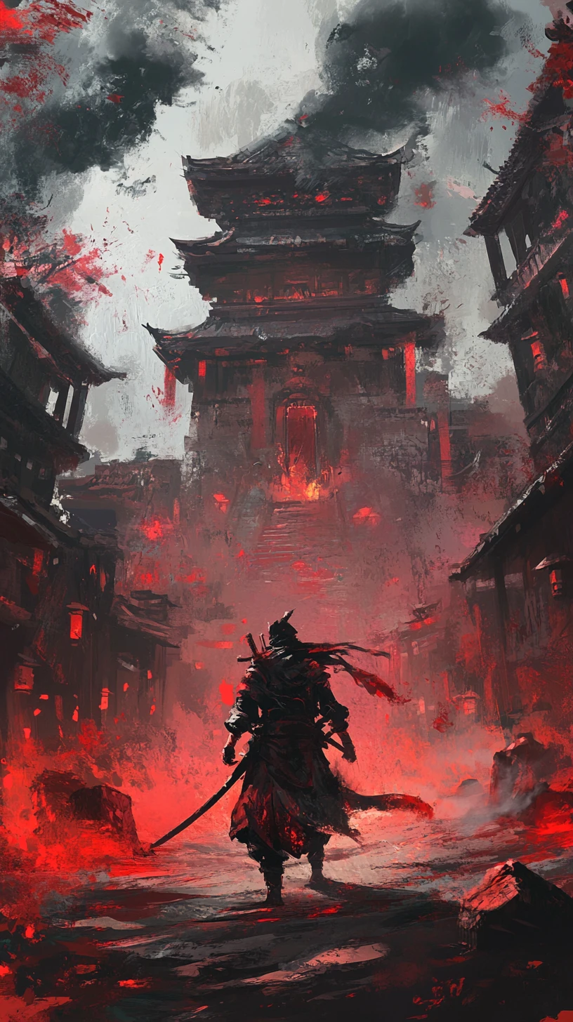 Ninja warrior in dark medieval fantasy ruins with mystic power