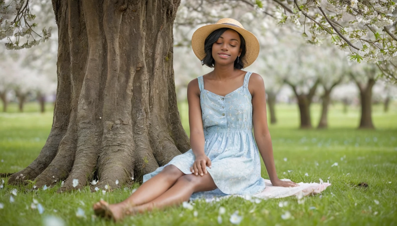 Young woman resting by a blossoming tree in soft light