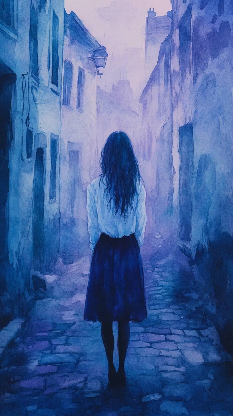 Solitary Girl In Misty Blue Alley At Twilight