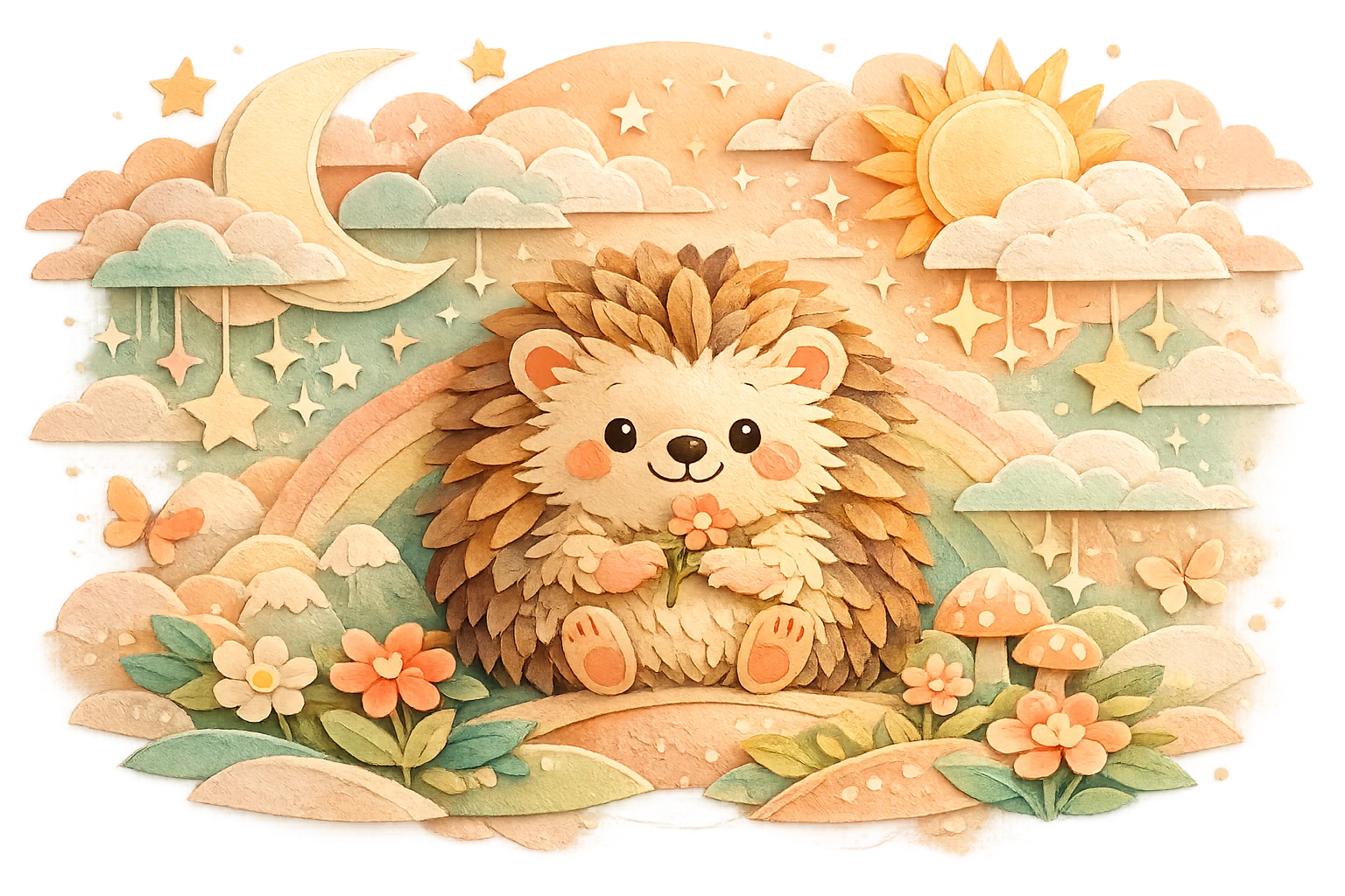 Ouriço fofo em papercraft com ilustração em camadas em tons pastéis suaves