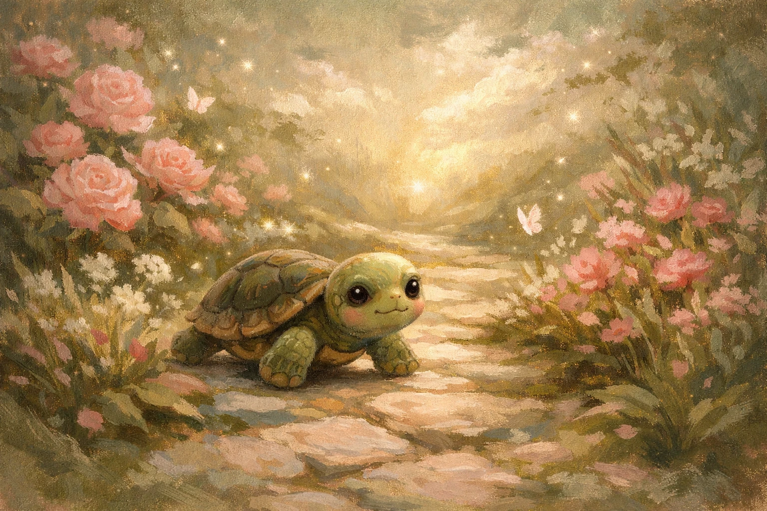 Baby tartaruga che esplora un dolce sentiero da giardino – illustrazione