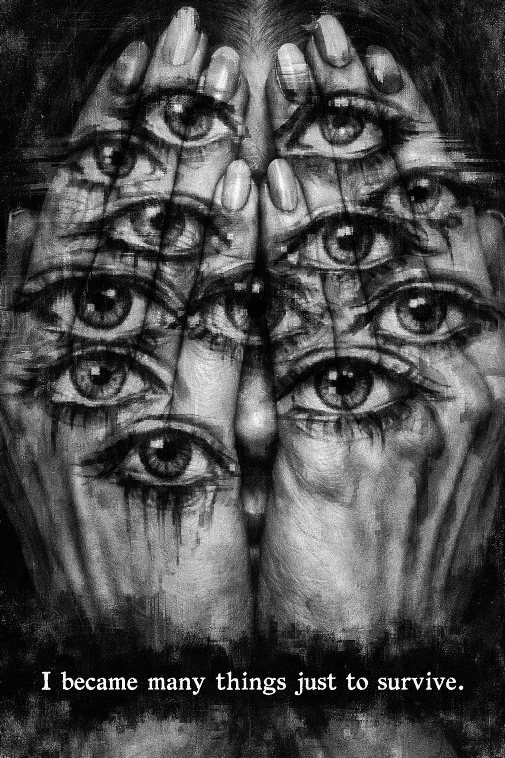 Surreal gemalte Augen, die sich über monochrome menschliche Finger legen