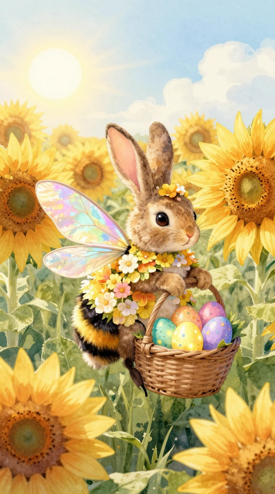 Coelho de Páscoa montando um zangão gigante entre girassóis