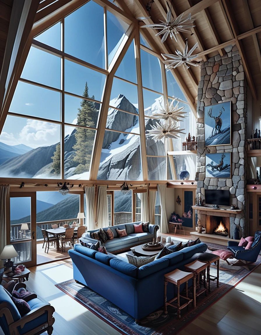 Luxury mountain cabin interior with dark wood and stone