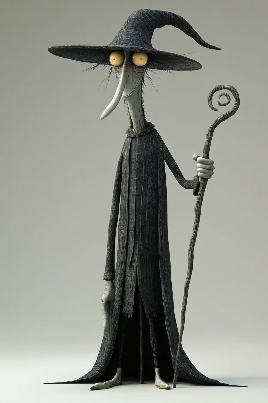 3D 渲染風格的搞怪高個魔法師（手持法杖）
