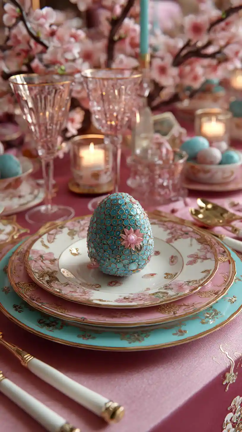 Mesa de postres de Pascua lujosa con decoración elegante de alta cocina