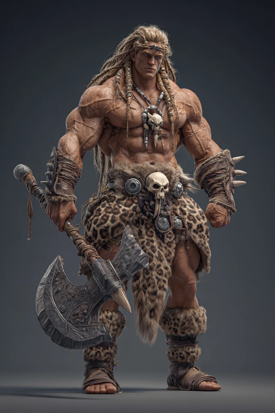 Herói bárbaro musculoso com machado em render 3D
