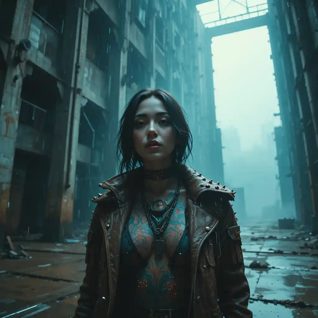 Woman in rainlit industrial tower with glowing tattoos