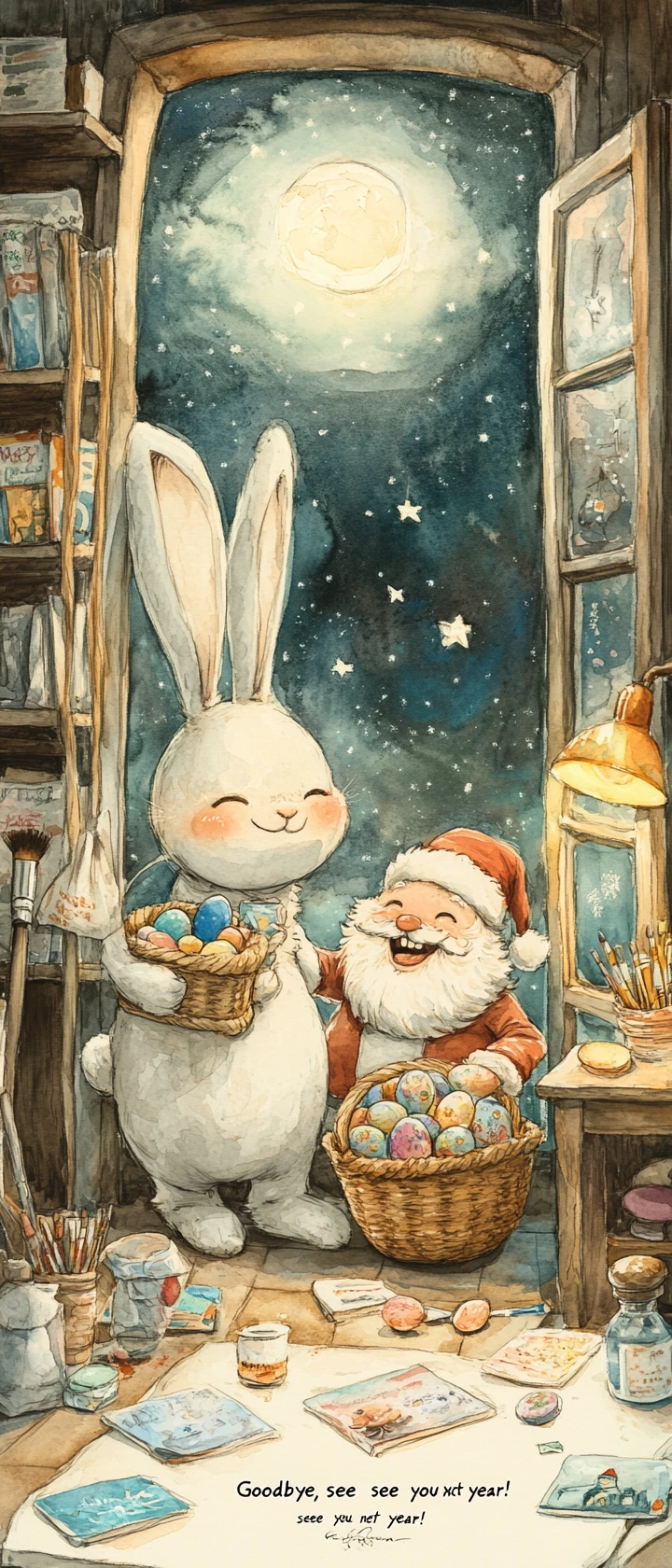 Coelho da Páscoa cansado e Papai Noel rindo em quarto aconchegante em aquarela