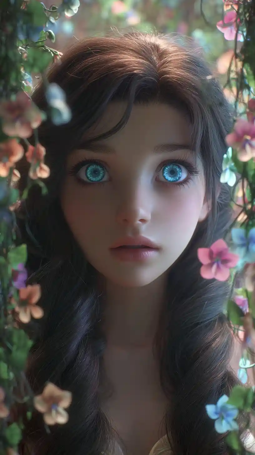 Ritratto di bellezza surreale di una donna con fiori viola