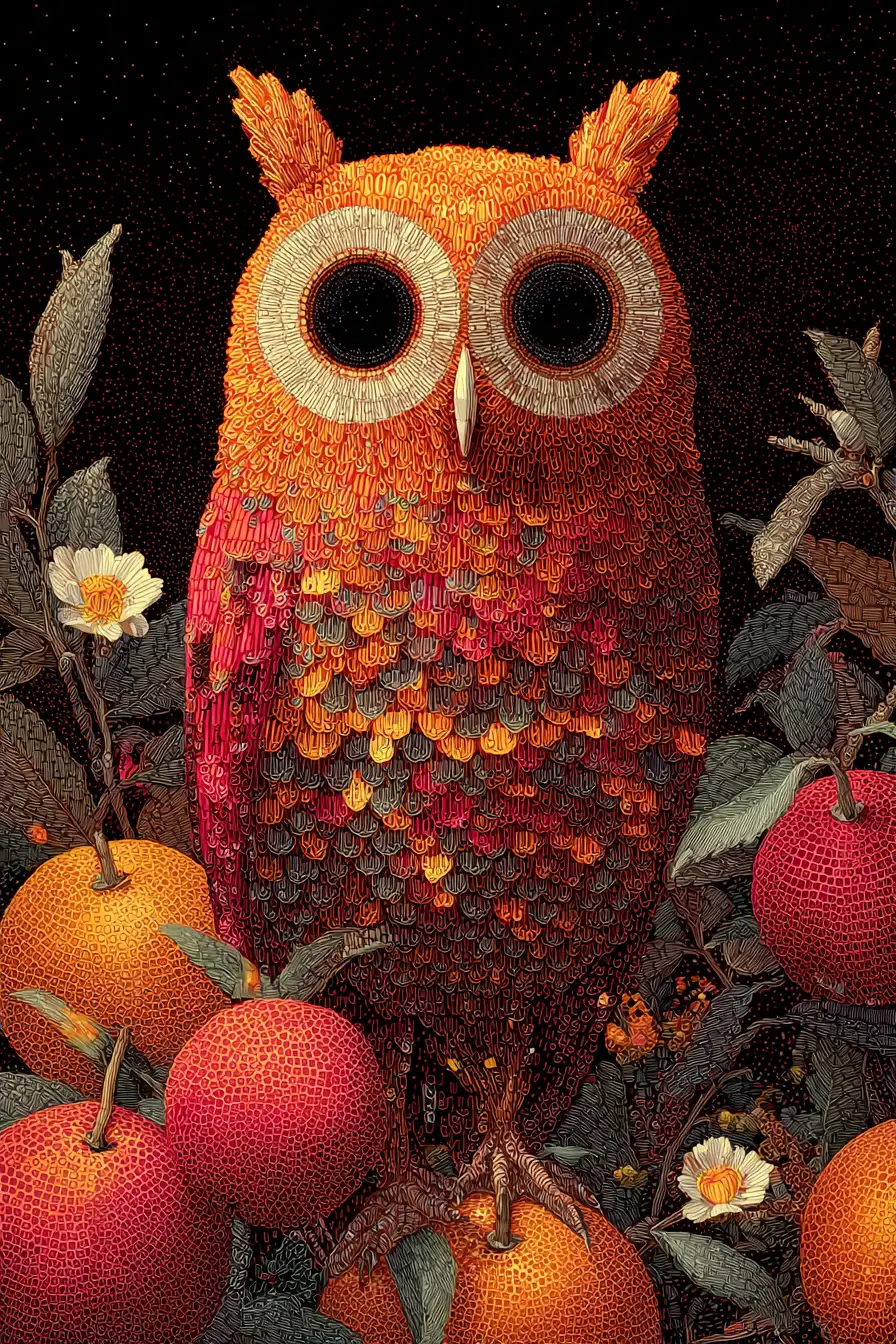 Surrealer Uhu aus Orangen mit dunklen Onyxaugen