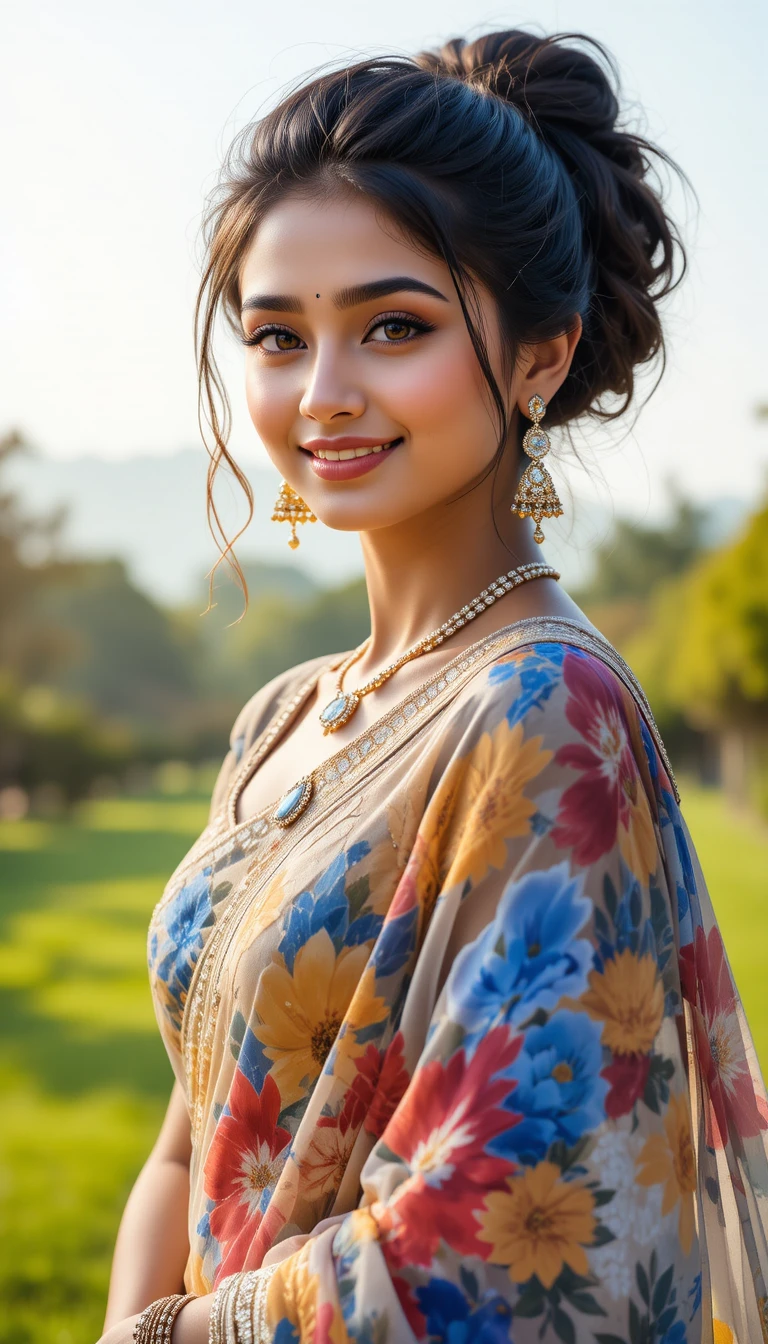 Jeune fille indienne joyeuse en sari d’organza – portrait en extérieur