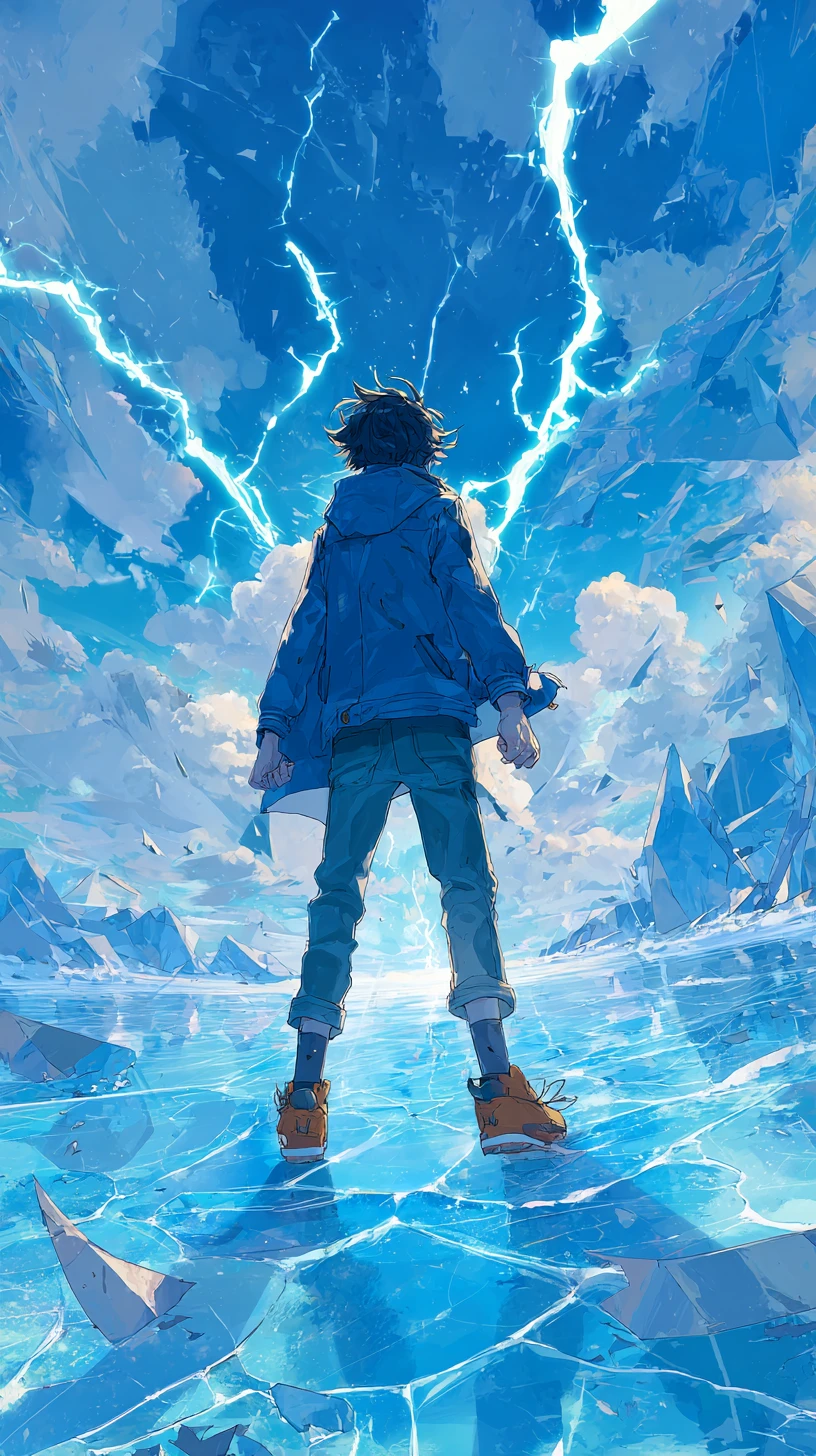 Herói de anime diante de uma paisagem de gelo futurista e tempestuosa