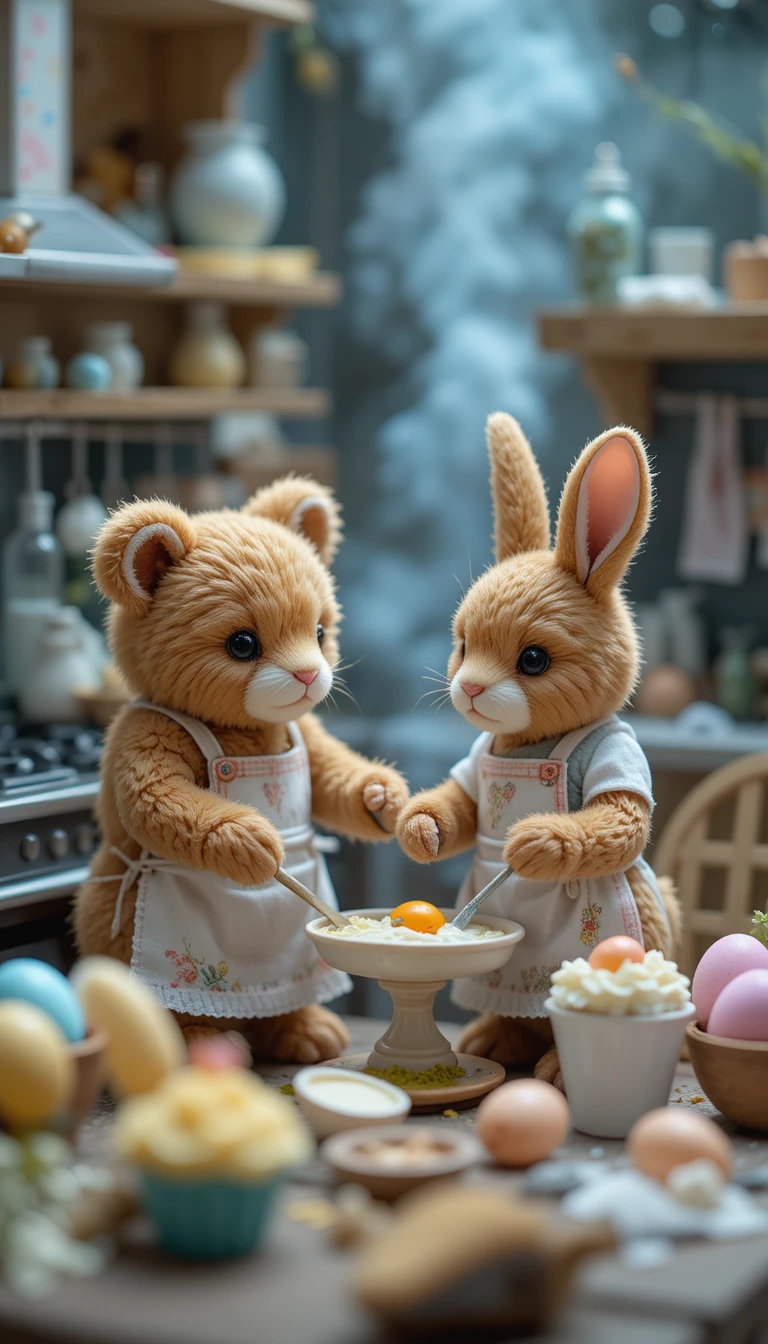 Winziger Teddybär und Hase backen in einer märchenhaften Küche