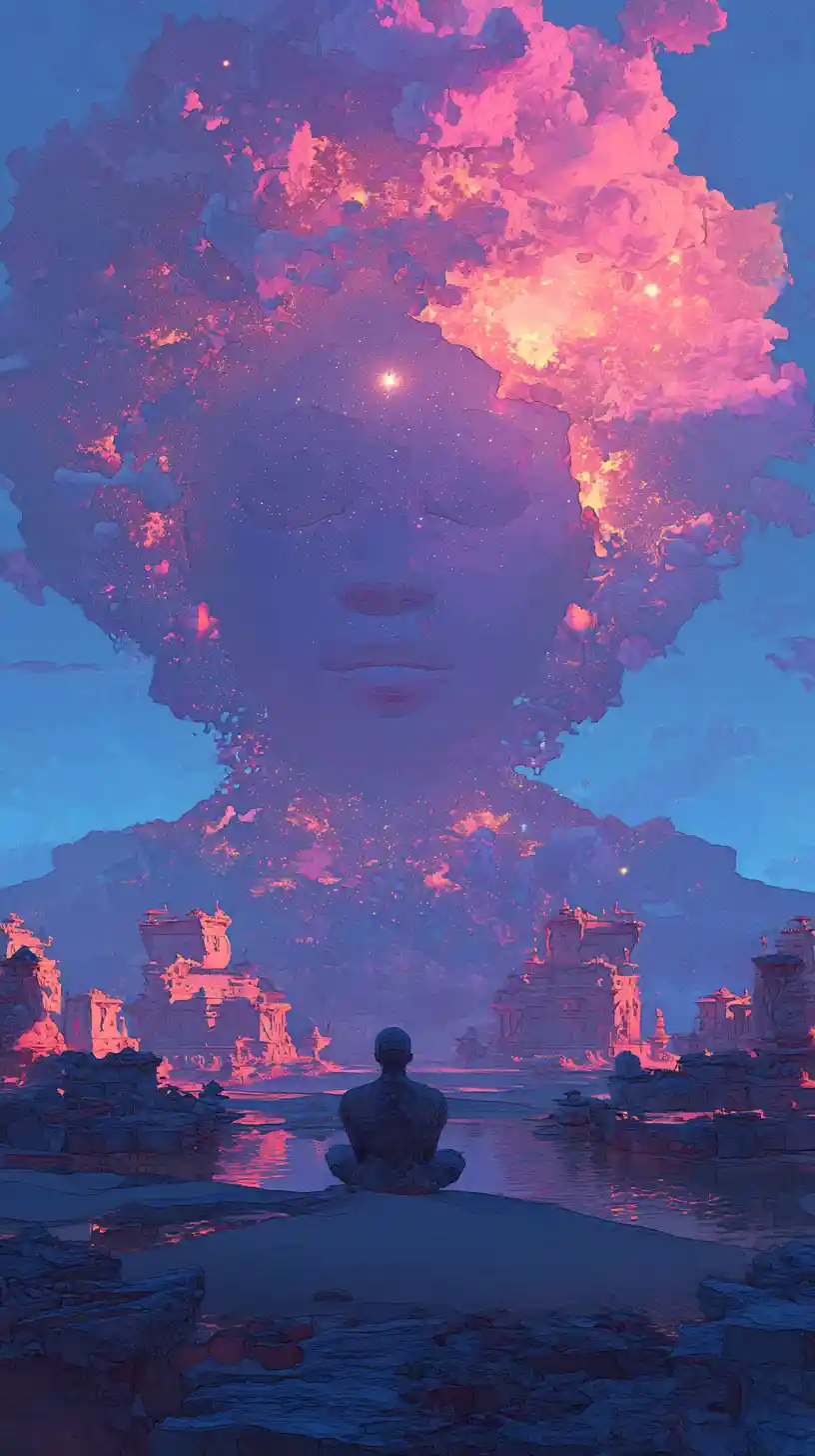 Kneeling figure at a surreal cosmic ocean shore