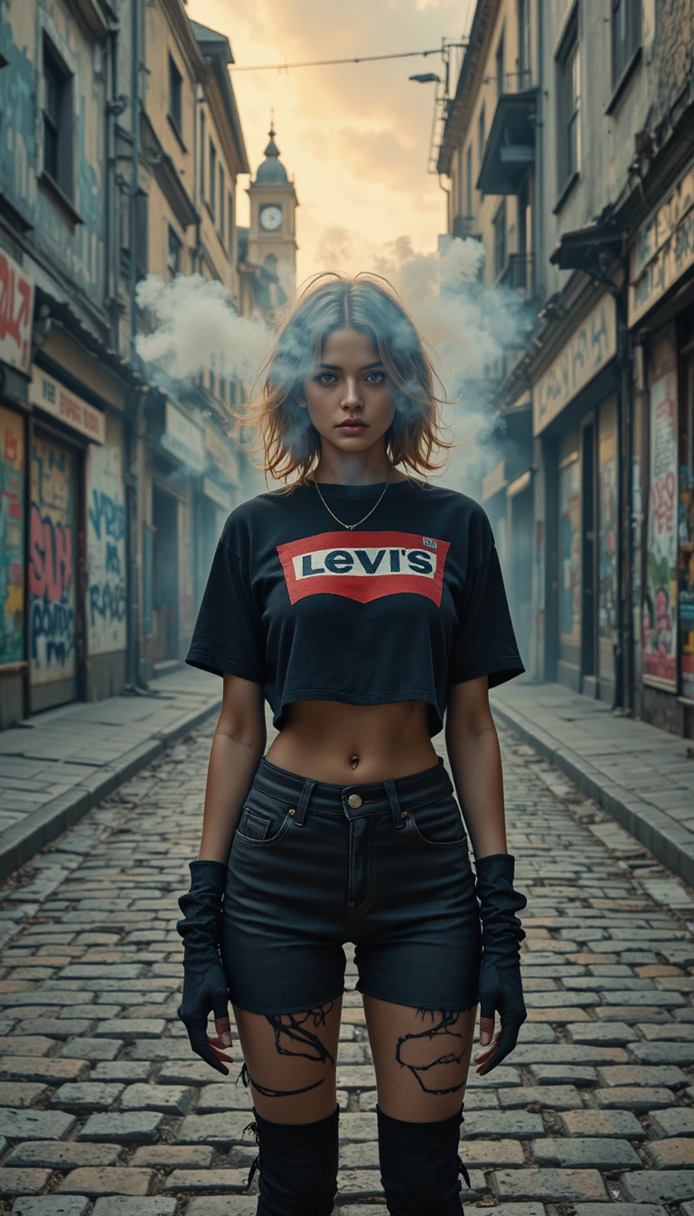 Jovem mulher desafiadora em streetwear preto em rua urbana desgastada
