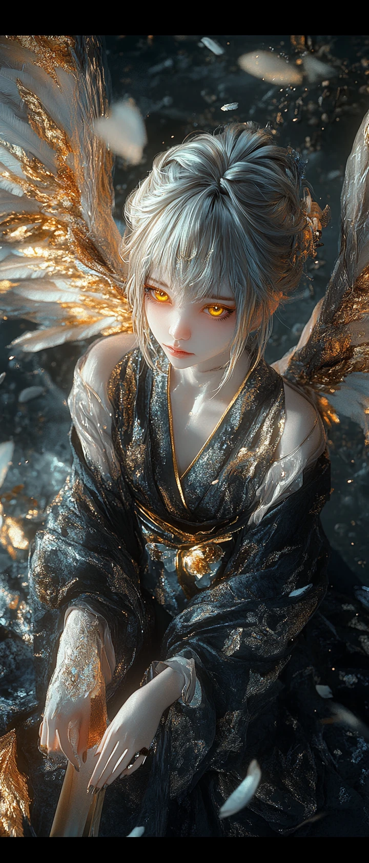 Melancholic winged girl with glowing golden eyes