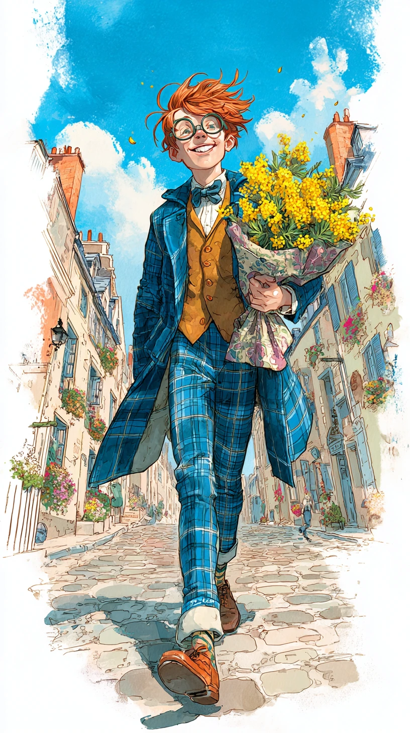 Cheerful Young Man With Mimosa Bouquet On Cobblestone Street