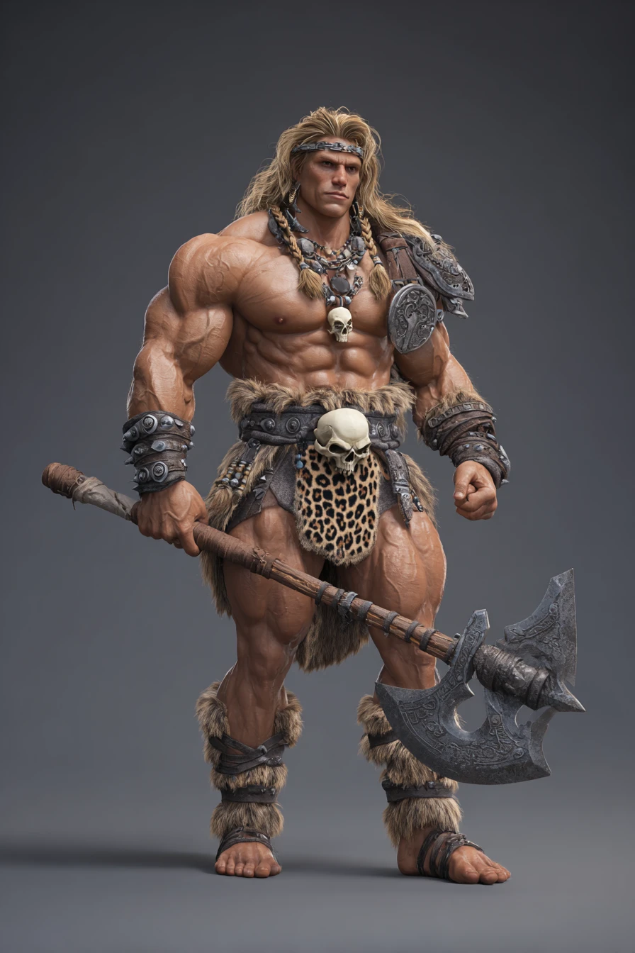 Guerreiro bárbaro musculoso posando com machado de batalha em render 3D