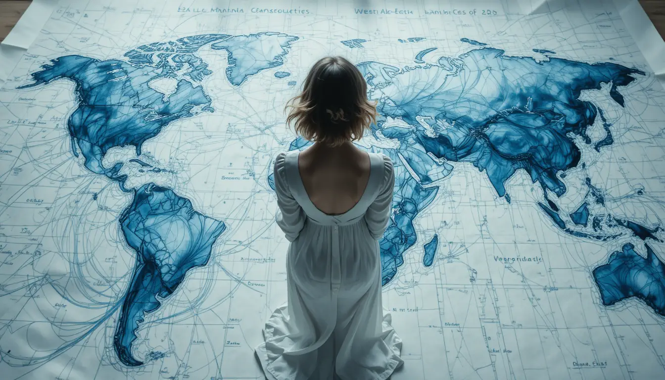 俯瞰で見る、生きている水彩地図の上の若い女性