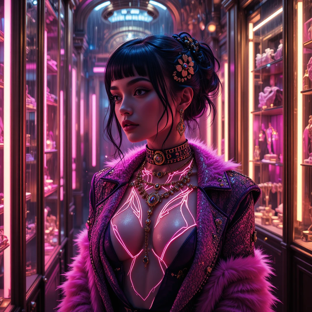 Cinematic close up of tattooed woman in luxury jewelry store