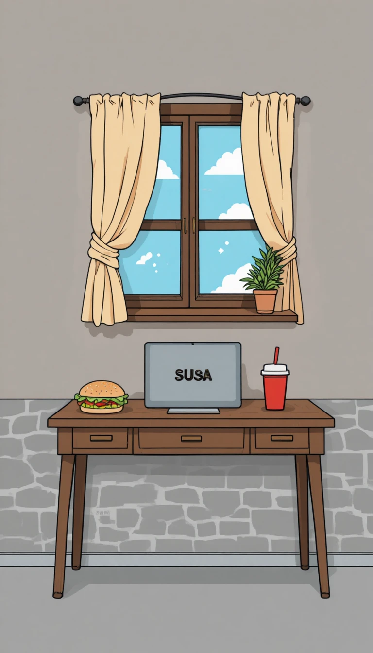 Espacio de trabajo minimalista plano con portátil, hamburguesa y vaso de refresco