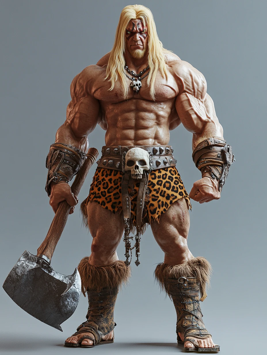 Herói bárbaro musculoso segurando machado de batalha em render 3D