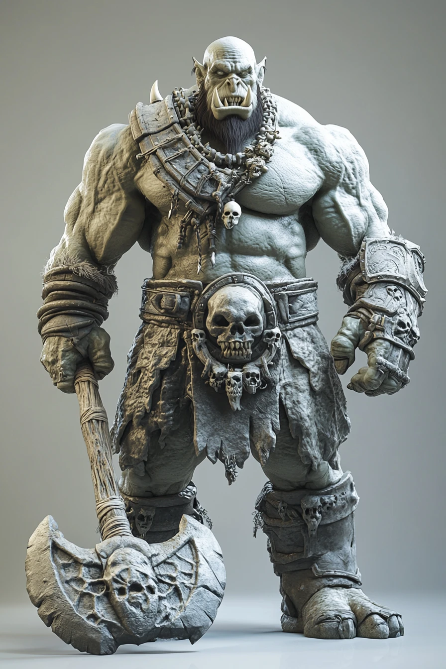 Powerful orc general with skulls and battle axe in 3D