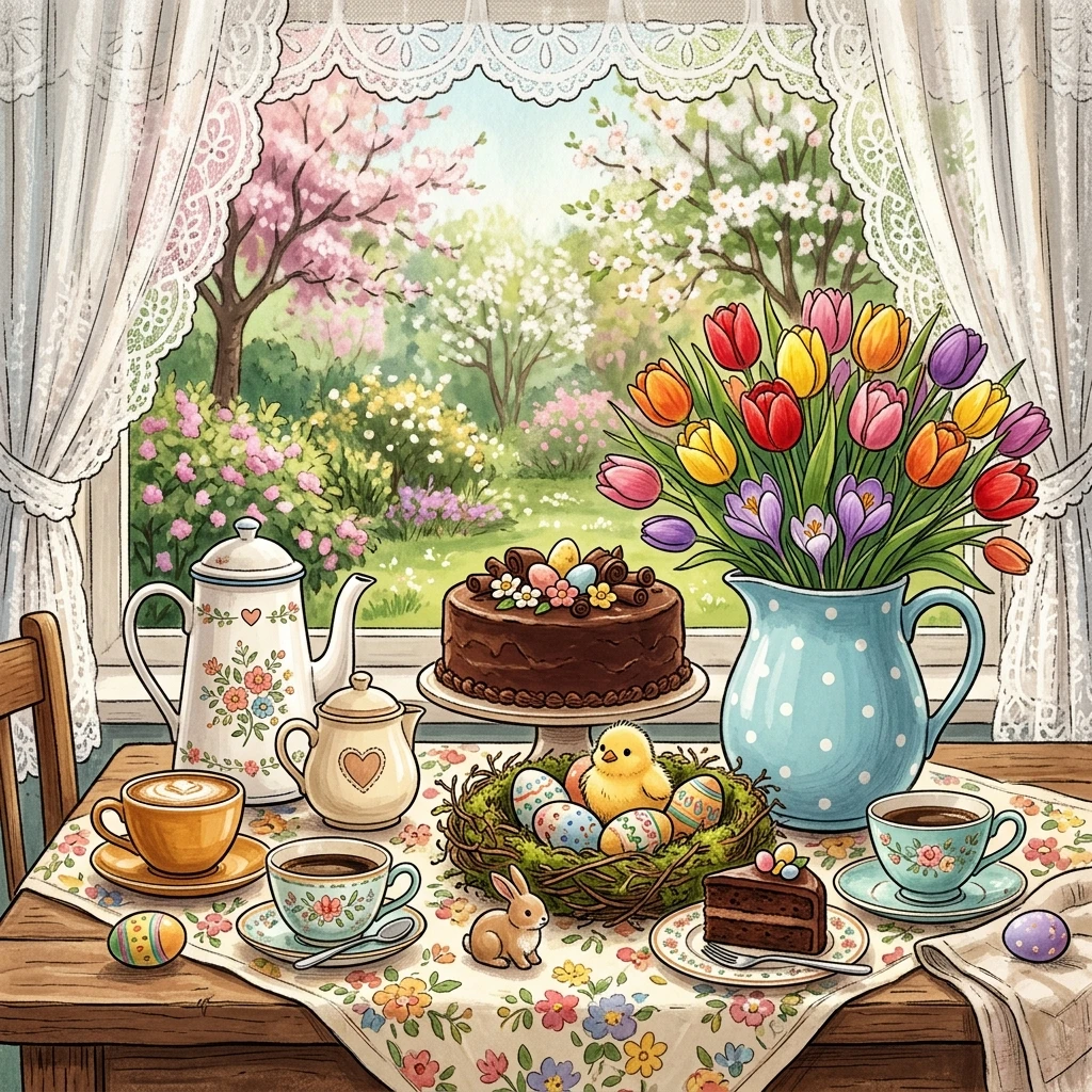 Mesa de centro de Páscoa encantadora com bolo e flores