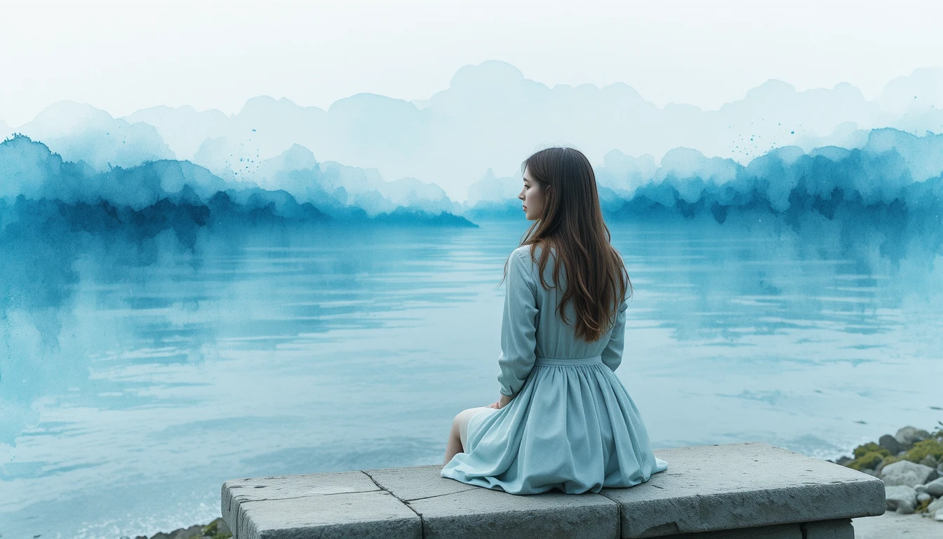 Young woman on stone bench gazing over misty calm sea