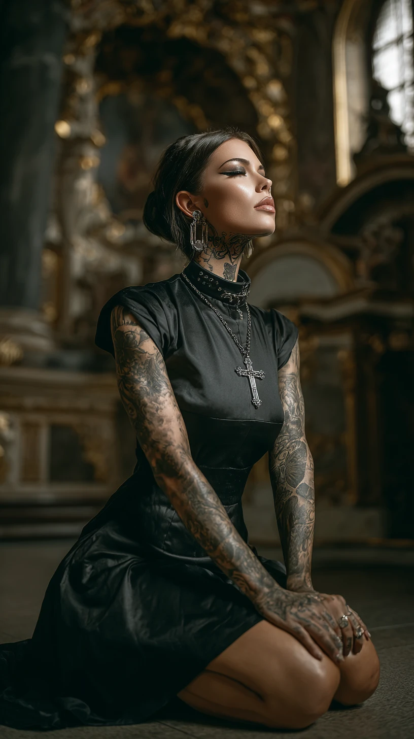 Donna muscolosa tatuata in abito nero seduta in chiesa