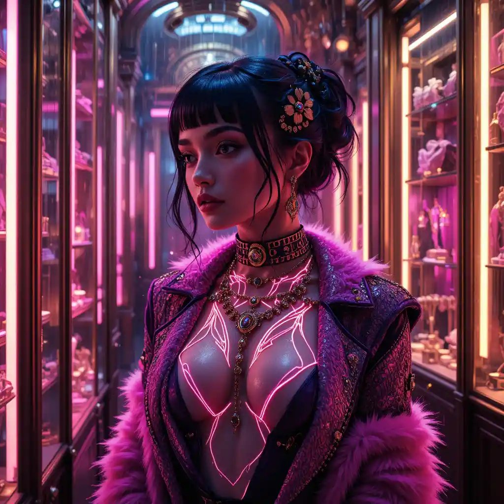 Cinematic close up of tattooed woman in luxury jewelry store