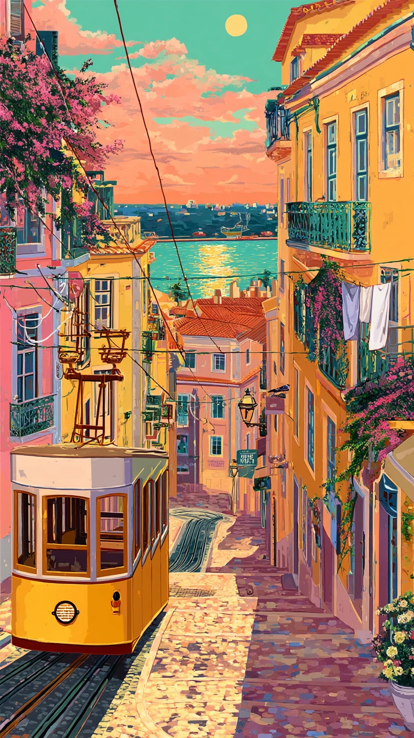Tramway de Lisbonne gravissant une rue pavée aux tons pastel au crépuscule