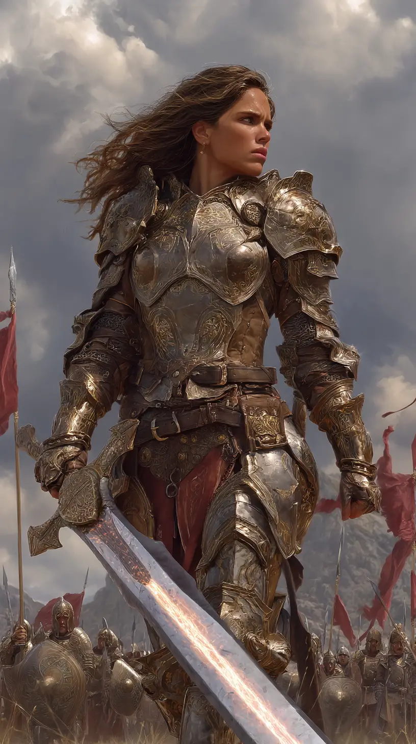 Fierce female warlord leading an army at twilight