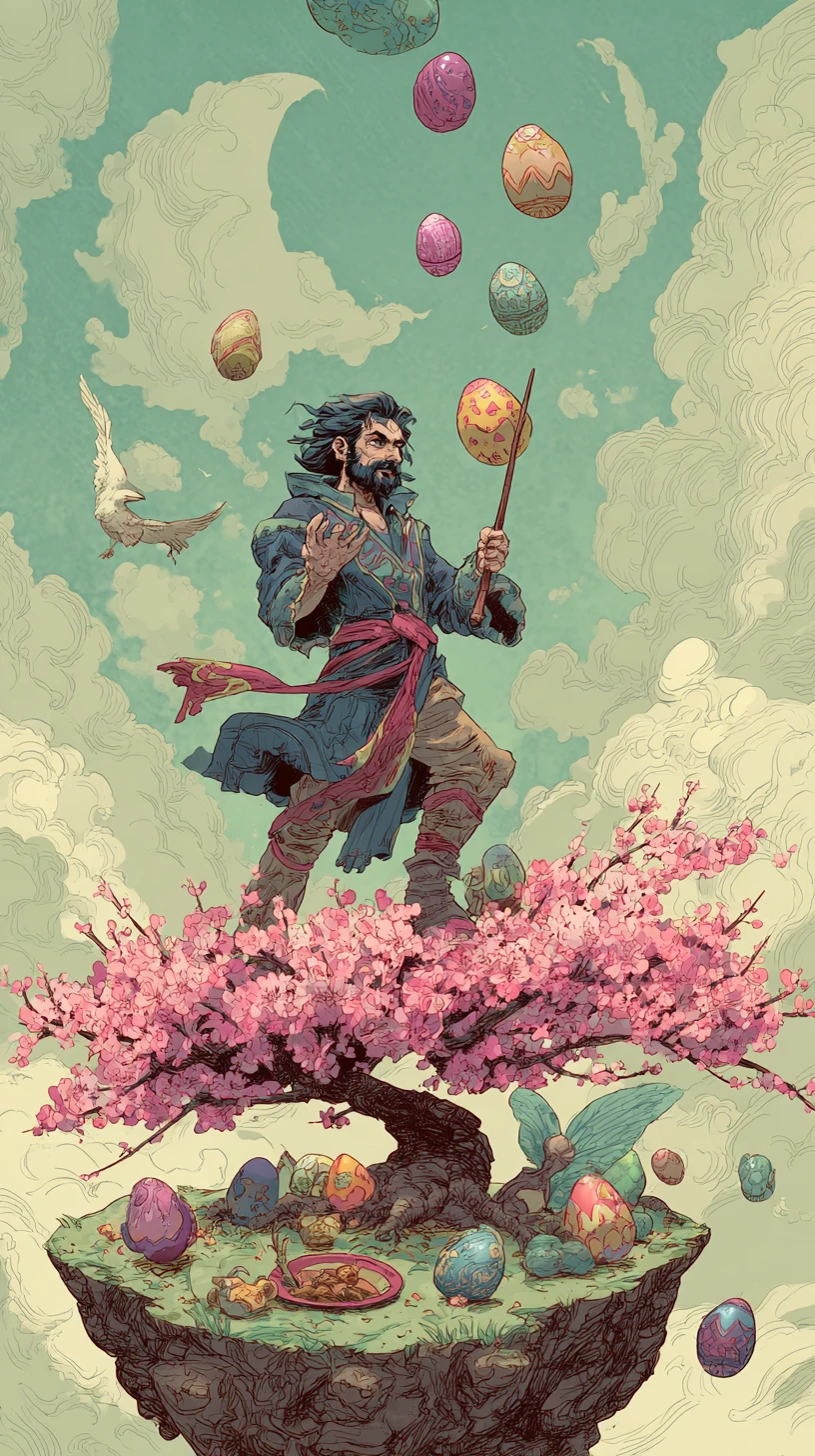 Mago fantasioso em uma ilha flutuante de flores de cerejeira