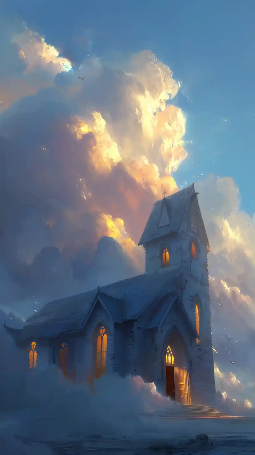 Einsame Steinkirche, die auf einer Sonnenaufgangswolke schwebt